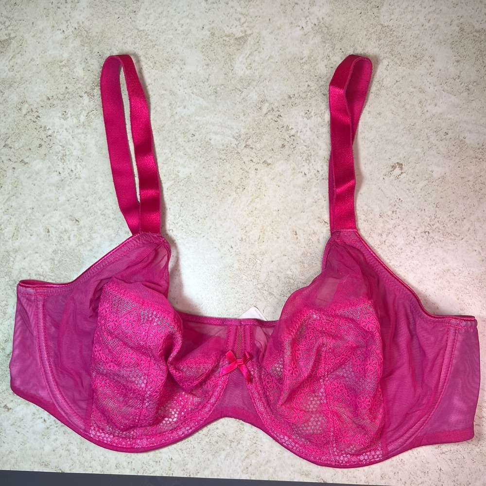 Chantelle Chantilly Demi Bra 36DDD Pink & Purple Lace Underwire Semi Sheer‎ EUC